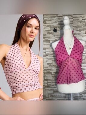 SEE YOU MONDAY FITTED POLKA DOT HALTER NECK TULLE PINK BLOUSE

PINK